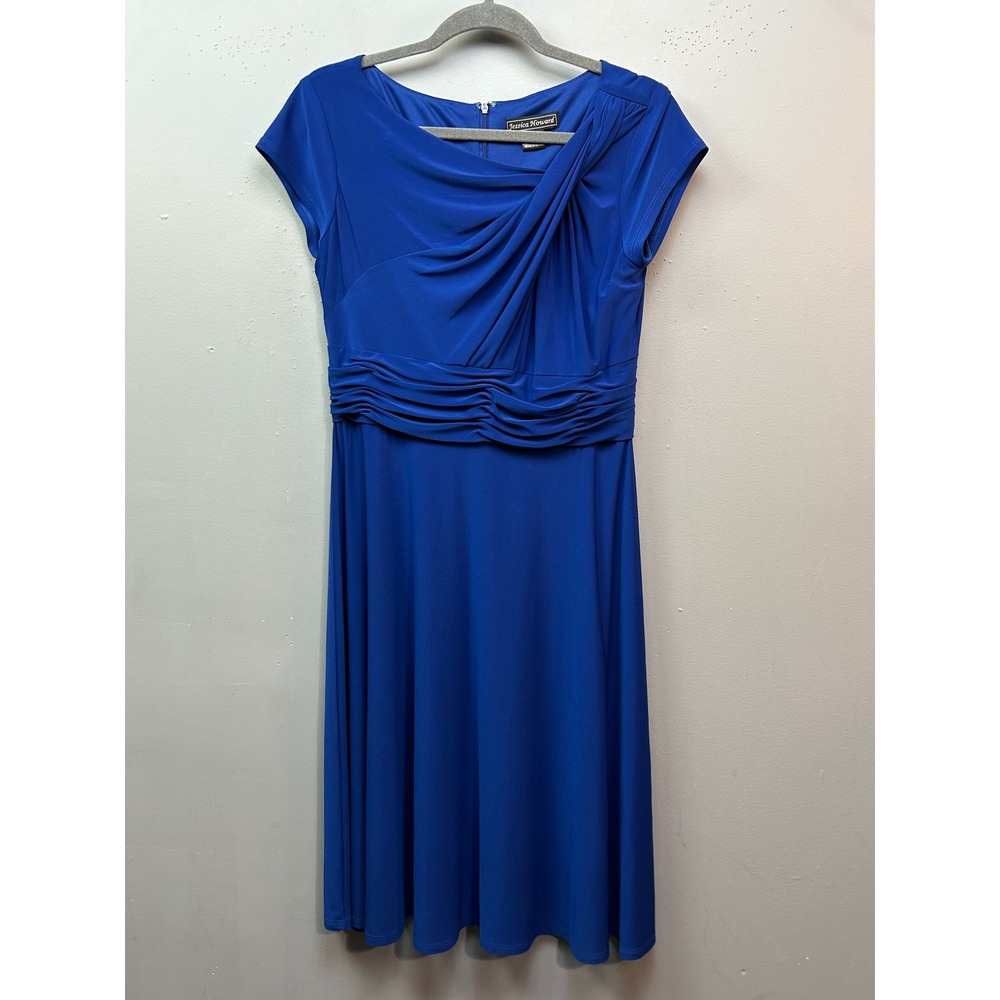 Jessica Howard Dress Womens 10 Blue Ruched Waist Cowl Neck Cap Sleeve Office
